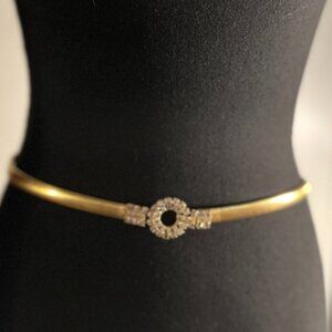 Vintage 80s Gold Stretch Belt with Rhinestone Circle Accent - 28" to 34"